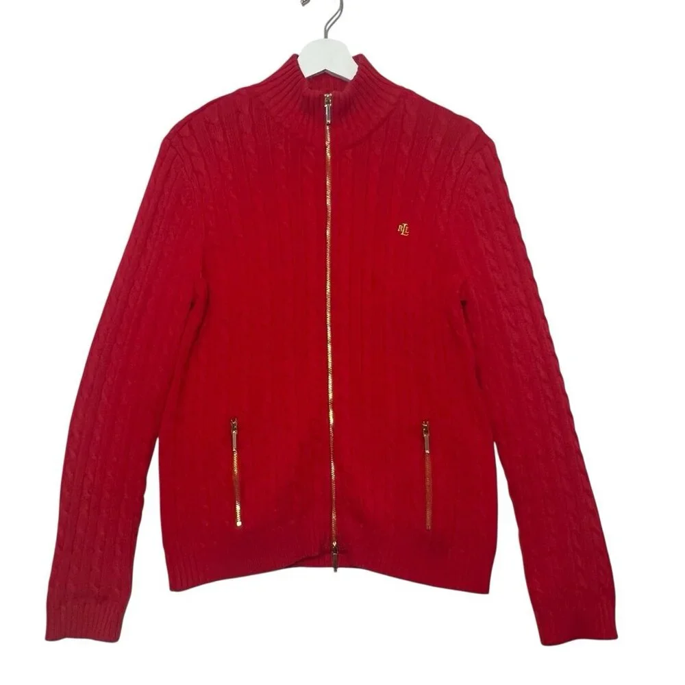 Ralph Lauren Women Sweater Cardigan Cable Knit Large Petite Red Christmas - Picture 2 of 13
